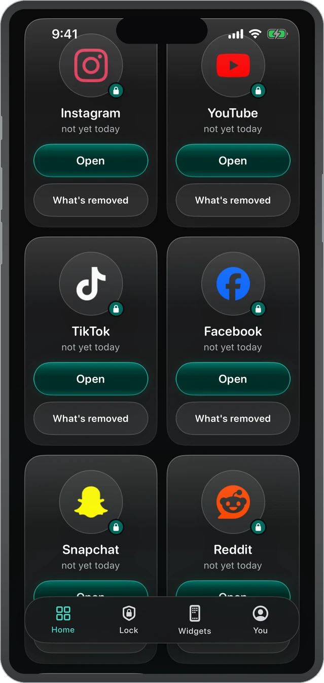 Reelmute home: Instagram, YouTube, TikTok, Facebook, Snapchat and Reddit, each one tap away with its feed removed