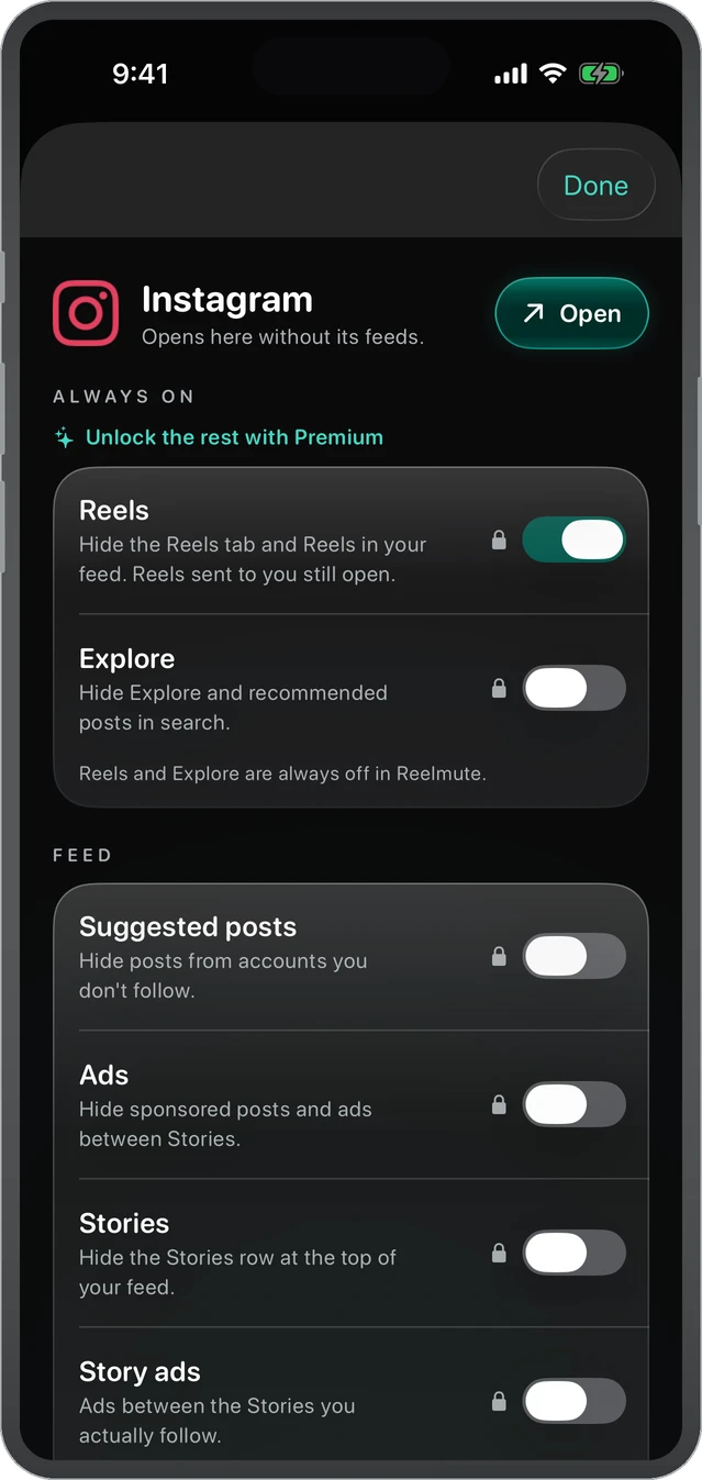 Instagram in Reelmute: Reels switched off for free, the rest one tap away with Premium
