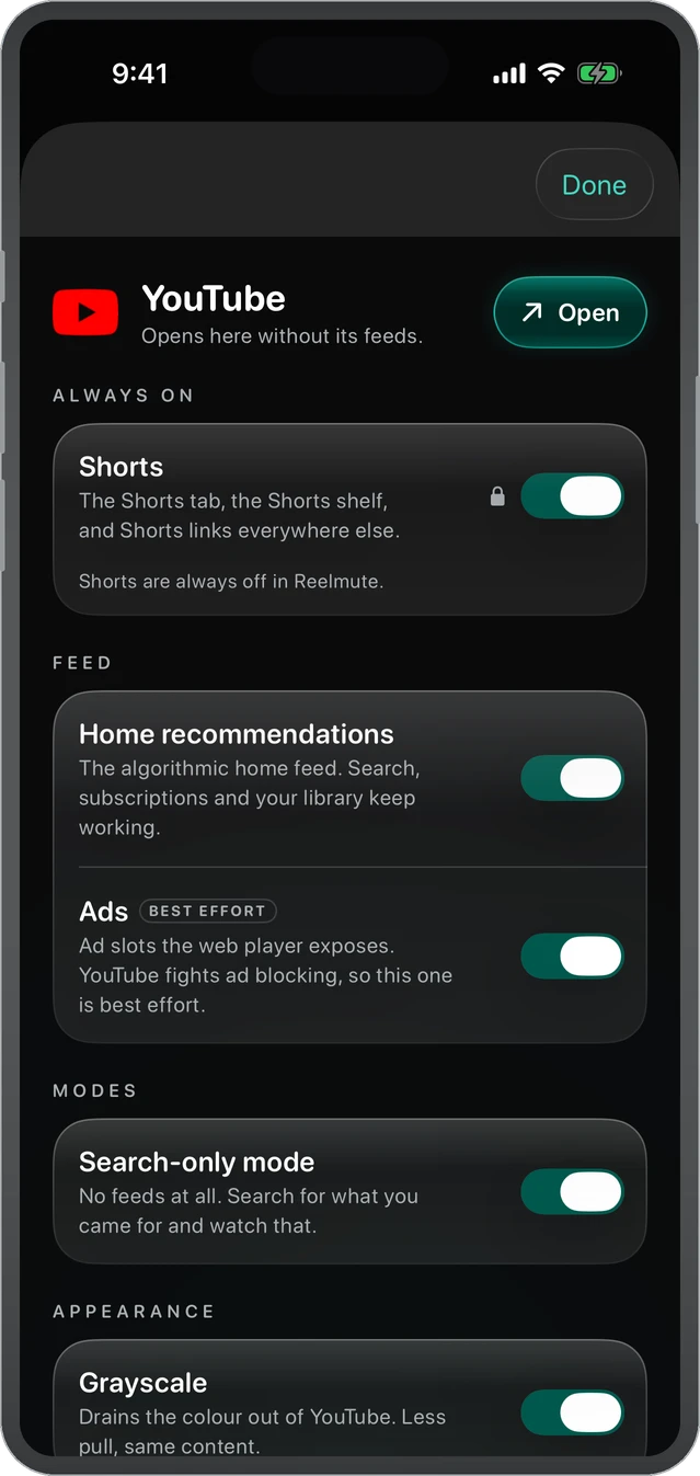YouTube in Reelmute: Shorts always off, home recommendations, ads, search-only mode and grayscale as switches