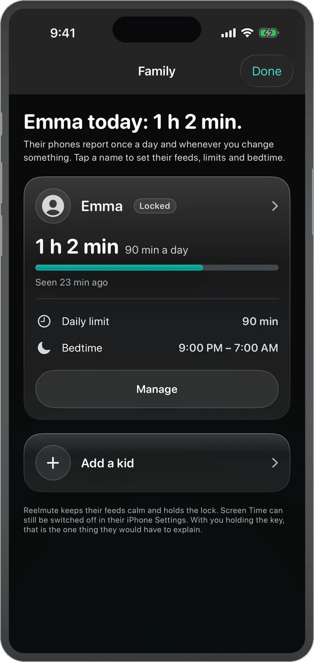 Reelmute Family: a parent sees their kid's minutes today, the daily limit and bedtime