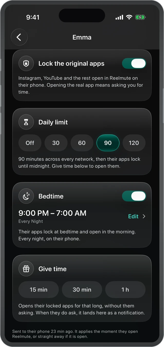 Reelmute Family: lock the original apps, a daily limit, bedtime and extra time, set from the parent's phone