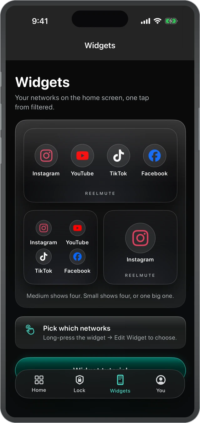 Reelmute widgets: every network on your home screen, one tap from filtered